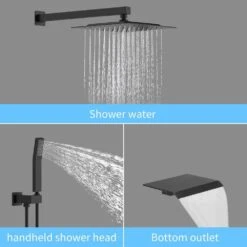 Single Handle 1-Spray Rainfall Shower Head, Handheld Shower Faucet 2 GPM With Adjustable Heads In Matte Black -Tahanbath matte black dual shower heads x dr l 8004bg 4f 1000