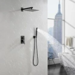 2-Spray Patterns Square Wall Mount Rain Dual Shower Heads With Hand Shower 1.5 Gpm In Matte Black -Tahanbath matte black dual shower heads x nk0736 31 1000