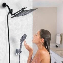 6 Spray Patterns Wall Mount Dual Shower Head And Handheld Shower Head With 2-Way Diverter In Matte Black -Tahanbath matte black dual shower heads x w1219 w60165 31 1000