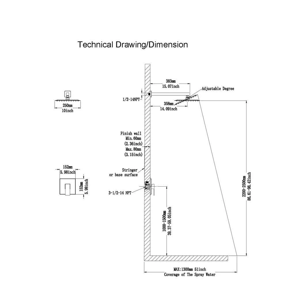 1-Spray Patterns With 2.5 GPM 10 In. Wall Mount Rain Fixed Shower Head In Matte Black (Valve Included) 5 1-Spray Patterns With 2.5 GPM 10 In. Wall Mount Rain Fixed Shower Head In Matte Black (Valve Included) - Image 5
