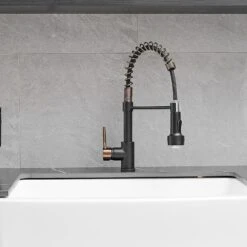 Single-Handle Deck Mount Pull Down Sprayer Kitchen Faucet With LED In Matte Black Mix Rose Gold -Tahanbath matte black mix rose gold pull down kitchen faucets q xy 189 33br led 45 us c3 1000