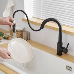 Single Handle Pull Out Sprayer Single Deckplate Hole Bar Cantilever Faucet In Matte Black -Tahanbath matte black pull out kitchen faucets x xy 1300 33b ss us 31 1000