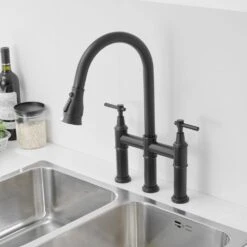Double Handle Pull Out Sprayer Bridge Kitchen Faucet In Matte Black -Tahanbath matte black tahanbath bridge kitchen faucets z1307 00b 8in us 1f 1000