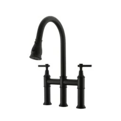 Double Handle Pull Out Sprayer Bridge Kitchen Faucet In Matte Black