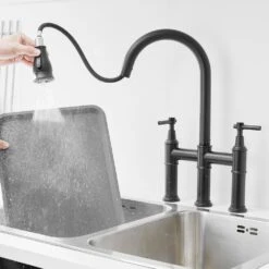 Double Handle Pull Out Sprayer Bridge Kitchen Faucet In Matte Black -Tahanbath matte black tahanbath bridge kitchen faucets z1307 00b 8in us 76 1000