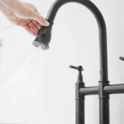 Double Handle Pull Out Sprayer Bridge Kitchen Faucet In Matte Black -Tahanbath matte black tahanbath bridge kitchen faucets z1307 00b 8in us fa 1000