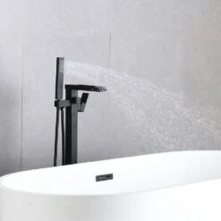 Single Handle Free Standing Waterfall Tub Filler Bathroom Tub Faucet With Handheld Shower In Matte Black -Tahanbath matte black tahanbath claw foot tub faucets ms ab512mb kxc 1f 1000