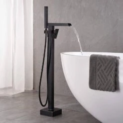 Single Handle Free Standing Waterfall Tub Filler Bathroom Tub Faucet With Handheld Shower In Matte Black -Tahanbath matte black tahanbath claw foot tub faucets ms ab512mb kxc 31 1000