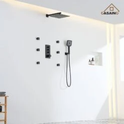 3-Spray 1.8 GPM Ceiling Mount Dual Square Handheld Shower Set In Matte Black -Tahanbath matte black tahanbath dual shower heads z 102009eb 1 1f 1000