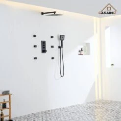 3-Spray 1.8 GPM Ceiling Mount Dual Square Handheld Shower Set In Matte Black -Tahanbath matte black tahanbath dual shower heads z 102009eb 1 4f 1000