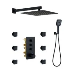 3-Spray 1.8 GPM Ceiling Mount Dual Square Handheld Shower Set In Matte Black