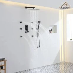 3-Spray 1.8 GPM Ceiling Mount Dual Square Handheld Shower Set In Matte Black -Tahanbath matte black tahanbath dual shower heads z 102009eb 1 c3 1000