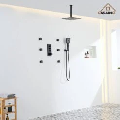 3-Spray 1.8 GPM 12 In. Ceiling Mounted Dual Square Handheld Shower Set In Matte Black -Tahanbath matte black tahanbath dual shower heads z 102009eb 3 1f 1000