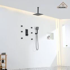 3-Spray 1.8 GPM 12 In. Ceiling Mounted Dual Square Handheld Shower Set In Matte Black -Tahanbath matte black tahanbath dual shower heads z 102009eb 3 4f 1000