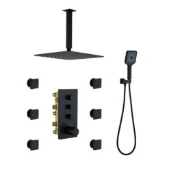 3-Spray 1.8 GPM 12 In. Ceiling Mounted Dual Square Handheld Shower Set In Matte Black