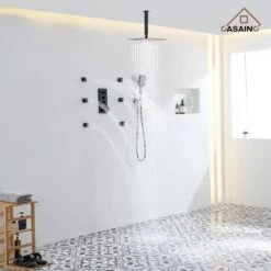 3-Spray 1.8 GPM 12 In. Ceiling Mounted Dual Square Handheld Shower Set In Matte Black -Tahanbath matte black tahanbath dual shower heads z 102009eb 3 c3 1000