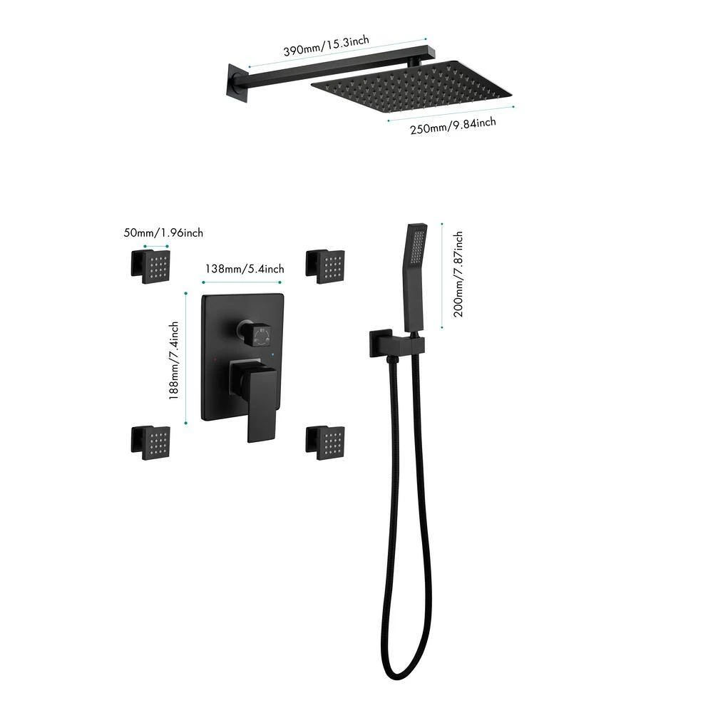 2-Spray Patterns With 2.5 GPM 10 In. Wall Mount Dual Fixed Shower Head In Matte Black 6 2-Spray Patterns With 2.5 GPM 10 In. Wall Mount Dual Fixed Shower Head In Matte Black - Image 6