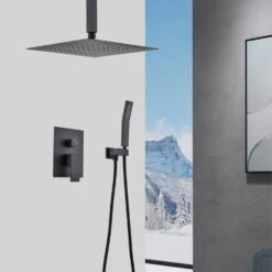 2-Spray 2.5 GPM Ceiling Mounted Dual Shower System Combo Set With Handheld And 10 In. Shower Head Matte Black -Tahanbath matte black tahanbath dual shower heads z th6006 10mb 31 1000