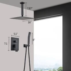 2-Spray 2.5 GPM Ceiling Mounted Shower Dual System Combo Set With Handheld And 16 In. Shower Head In Matte Black -Tahanbath matte black tahanbath dual shower heads z th6006 16mb 1f 1000