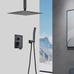 2-Spray 2.5 GPM Ceiling Mounted Shower Dual System Combo Set With Handheld And 16 In. Shower Head In Matte Black -Tahanbath matte black tahanbath dual shower heads z th6006 16mb 31 1000