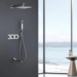 1-Spray Patterns Freestanding Square Dual Handheld Shower Head 2.5 GPM In Matte Black -Tahanbath matte black tahanbath dual shower heads z tmsf10lyj 3w01bn fa 1000