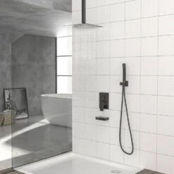 1-spray Dual 12 In. 1.8GPM Ceiling Mount Shower Head And Handheld Shower Head In Matte Black -Tahanbath matte black tahanbath dual shower heads z w124381875 44 1000