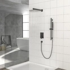 1-spray Dual 12 In. Wall Mount 1.8 GPM Shower Head And Handheld Shower Head In Matte Black -Tahanbath matte black tahanbath dual shower heads z w124382388 31 1000