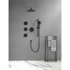 Shower System With Shower Head, Hand Shower, Slide Bar, Bodysprays, Shower Arm, Hose, Valve Trim And Lever Handles -Tahanbath matte black tahanbath dual shower heads z w1272 64780 1f 1000