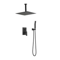2-Spray Patterns Ceiling Mount Square Rainfall Dual Handheld Shower Head 2.5 GPM In Matte Black
