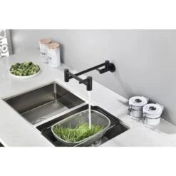 Wall Mount High-Arc Pot Filler Faucet In Matte Black -Tahanbath matte black tahanbath pot fillers z w92867779 4f 1000