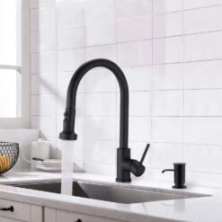 Single Handle Deck Mount Gooseneck Pull Down Sprayer Kitchen Faucet With Deckplate And Soap Dispenser In Matte Black 11 Single Handle Deck Mount Gooseneck Pull Down Sprayer Kitchen Faucet With Deckplate And Soap Dispenser In Matte Black -Tahanbath matte black tahanbath pull down kitchen faucets ms d3412mb i805mb zq 66 1000