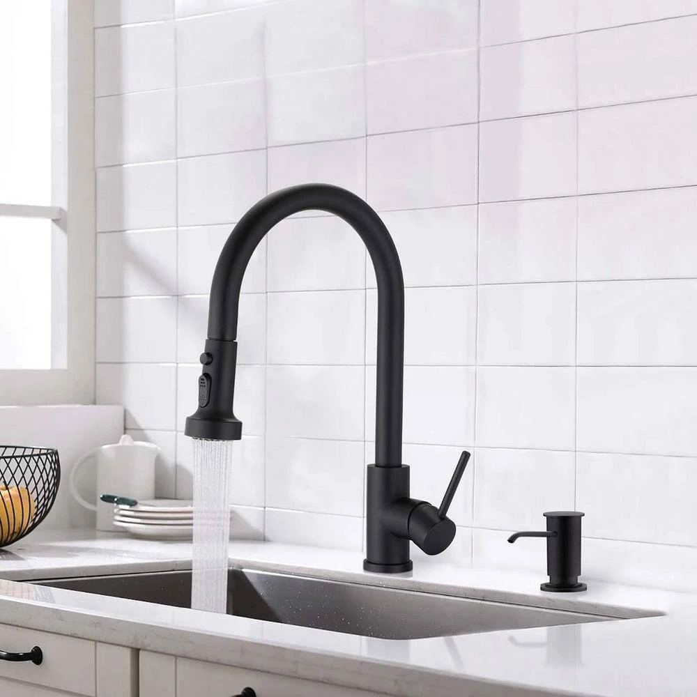 Single Handle Deck Mount Gooseneck Pull Down Sprayer Kitchen Faucet With Deckplate And Soap Dispenser In Matte Black 3 Single Handle Deck Mount Gooseneck Pull Down Sprayer Kitchen Faucet With Deckplate And Soap Dispenser In Matte Black - Image 3