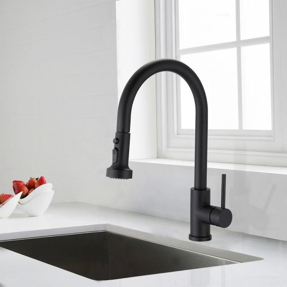 Single Handle Deck Mount Gooseneck Pull Down Sprayer Kitchen Faucet With Deckplate And Soap Dispenser In Matte Black 2 Single Handle Deck Mount Gooseneck Pull Down Sprayer Kitchen Faucet With Deckplate And Soap Dispenser In Matte Black - Image 2