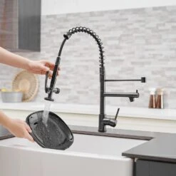 The Single-Handle Kitchen Pull Down Sprayer Kitchen Faucet With Modern Spring Kitchen Sink Faucet In Matte Black -Tahanbath matte black tahanbath pull down kitchen faucets y xy512 33orb us 31 1000