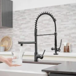 The Single-Handle Kitchen Pull Down Sprayer Kitchen Faucet With Modern Spring Kitchen Sink Faucet In Matte Black -Tahanbath matte black tahanbath pull down kitchen faucets y xy512 33orb us 4f 1000