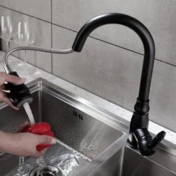 Black 15.7 In. Pull Down Sprayer Kitchen Faucet With 360 ° Spout Swivel -Tahanbath matte black tahanbath pull down kitchen faucets z 158 33b 40 us 76 1000