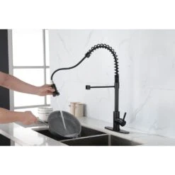 23.6 In Spring Kitchen Faucet With Pull-Out Sprayer, Single Handle Single Hole Kitchen Sink Faucet In Black -Tahanbath matte black tahanbath pull down kitchen faucets z w2287p183742 fa 1000