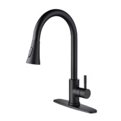 Single Handle Deck Mount Gooseneck Pull Out Sprayer Kitchen Faucet With Deck Plate And Pull-Down Sprayer In Matte Black