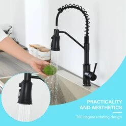 18.7 In. H Single Handle Pull Out Sprayer Kitchen Faucet With 360° Spout Swivel In Black -Tahanbath matte black tahanbath pull out kitchen faucets kt ct xy33b70us 76 1000
