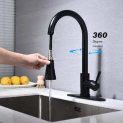 16.14 In Matte Black 360 Degree Spout Swivel Kitchen Faucet With Pull Out Spraye -Tahanbath matte black tahanbath pull out kitchen faucets z w2287p183090 1f 1000