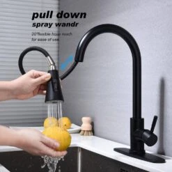 16.14 In Matte Black 360 Degree Spout Swivel Kitchen Faucet With Pull Out Spraye -Tahanbath matte black tahanbath pull out kitchen faucets z w2287p183090 76 1000