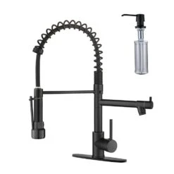 Single Handle Pull Out Kitchen Faucet Deckplate Included With Copper Pump Soap Dispenser In Matte Black
