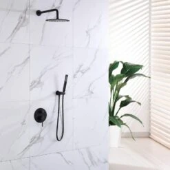 1-Handle 2-Spray Rain Shower Faucet And Hand Shower Combo Kit In Black (Valve Included) -Tahanbath matte black tahanbath shower faucets nk0711 zq 76 1000