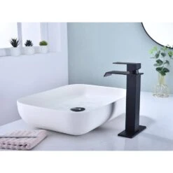 Waterfall Spout Bathroom Faucet, Single Handle Single Hole Bathroom Vanity Sink Faucet In Matte Black -Tahanbath matte black tahanbath single hole bathroom faucets y th1028hmb 31 1000