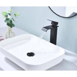 Waterfall Spout Bathroom Faucet, Single Handle Single Hole Bathroom Vanity Sink Faucet In Matte Black -Tahanbath matte black tahanbath single hole bathroom faucets y th1028hmb 44 1000