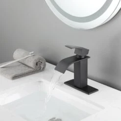 Single Hole Waterfall Spout Bathroom Faucet, Single Handle Bathroom Vanity Sink Faucet In Matte Black -Tahanbath matte black tahanbath single hole bathroom faucets y w928 103317 31 1000