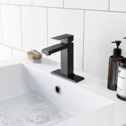 Bathroom Faucet Single Hole, Single Handle Faucet For Bathroom Sink With Deckplate And Drain Assembly In Matte Black -Tahanbath matte black tahanbath single hole bathroom faucets z w1224p195894 76 1000