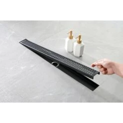 28 Inches Linear Shower Drain With Removable Quadrato Pattern Grate, Hair Strainer And Leveling Feet In Matte Black -Tahanbath matte black tahanbath sink strainers y w928102715 31 1000