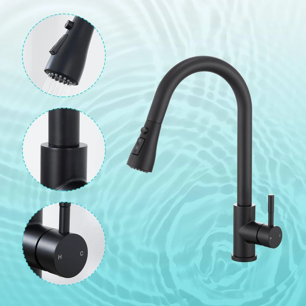 Single Handle Surface-Mounted Pull Out Sprayer Kitchen Faucet Standard Kitchen Faucet In Matte Black 5 Single Handle Surface-Mounted Pull Out Sprayer Kitchen Faucet Standard Kitchen Faucet In Matte Black - Image 5