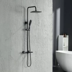 Modern Wall Bar Shower Kit 1-Spray 10 In. Square Rain Shower Head With Hand Shower In Matt Black -Tahanbath matte black tahanbath wall bar shower kits z ct rb0838 fa 1000 1